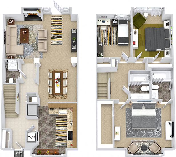 Floor plan for 3 beds, 2.5 baths, 1507 sqft